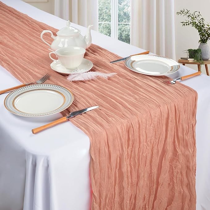 6 Pack Peach Cheesecloth Table Runner 10ft Boho Gauze Fabric Cheese Cloth Table Runner 35 x 120 Inch Rustic Sheer Runner for Romantic Wedding Decor Baby Shower Party Table Centerpiece Decoration