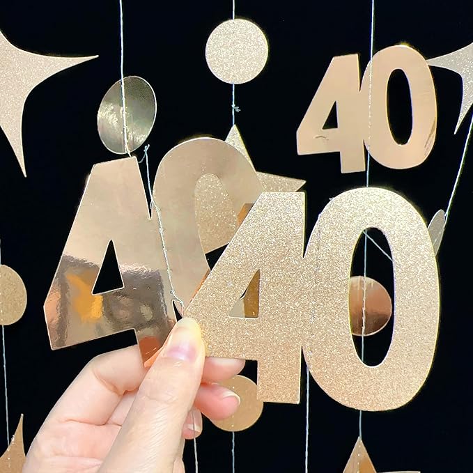 Champagne Gold 40th Birthday Decorations Number 40 Circle Dot Twinkle Star Garland Streamer Banner Backdrop for Women Mens Cheers to 40 Years Old Birthday Happy 40th Anniversary Party Supplies