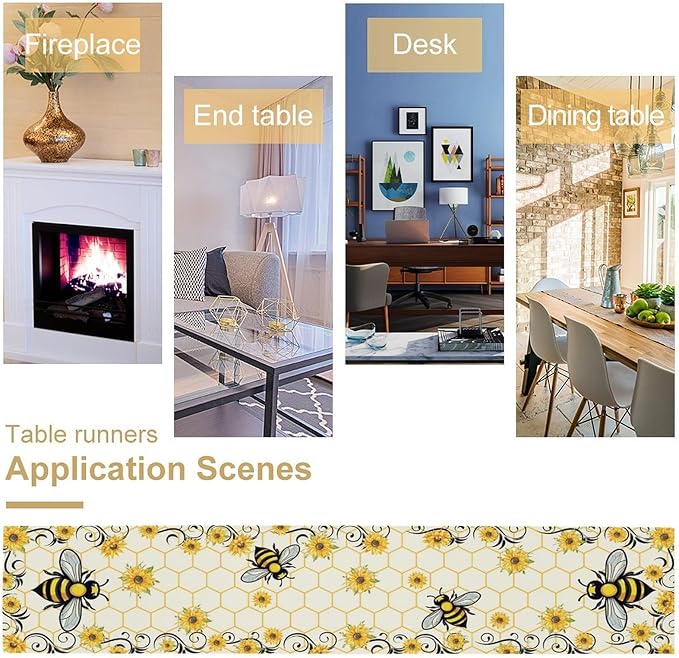 Bee Sunflower Table Runner, Farmhouse Orange Honeycomb Vintage Spring Summer Flowers Print Table Cover for Party Wedding Home Kitchen Dining Table Decor, 13x90inch