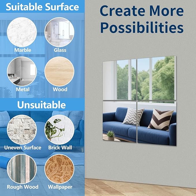 Unbreakable Acylic Small Mirror Tiles for Kids, (4-Pcs 14x12 Inch) Plastic Mirrors for Wall, Stick on Mirrors for Wall Decor, Shatterproof Mirror for Kids Bedroom