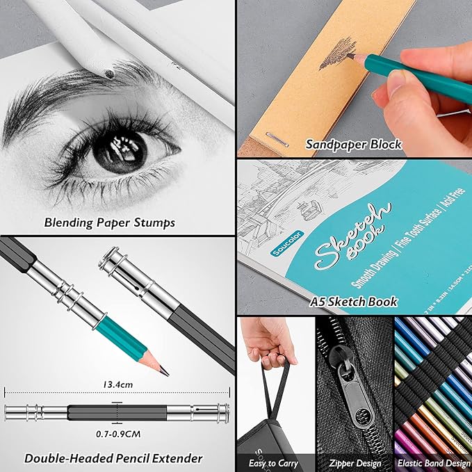 Soucolor 73 Pack Art Supplies Sketching Kit for Adults Kids Teen Gifts, Christmas Gifts, Drawing Sketching Pencils with Sketchbook, Coloring Book, Colored Watercolor Metallic Graphite Charcoal Pencils