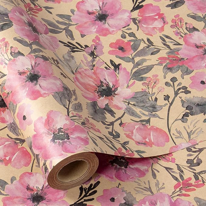 RUSPEPA Pink Flower Gift Wrapping Paper, 17 x 32.8 Feet, Mini Roll, Floral Gift Wrap Kraft Paper Roll for Women, Girls, Spring and Summer, Wedding and Bridal Shower
