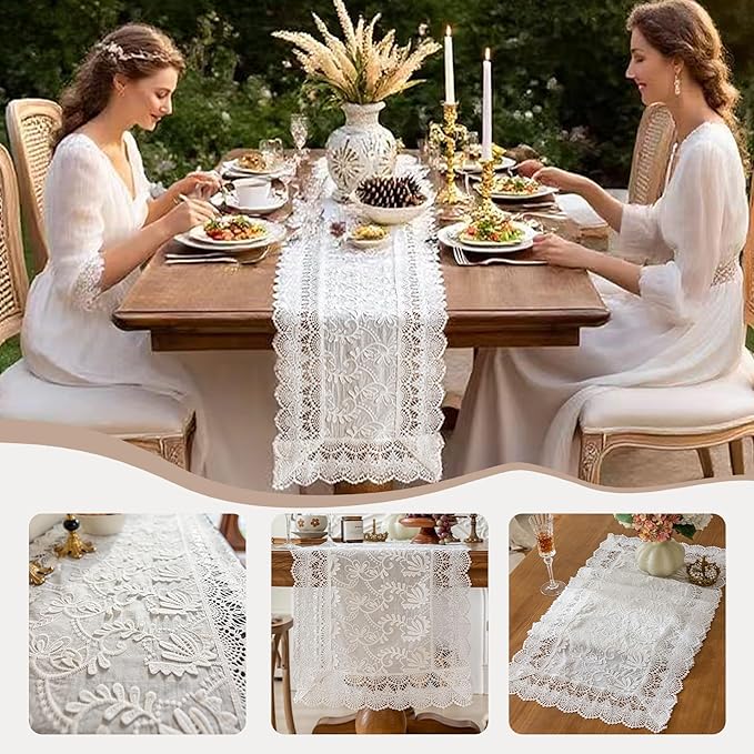 White Elegant Vintage Lace Table Runners,Wedding Lace Decor with Floral Embroidery,Tea Party Decor (White, 13.8X94.5 Inches)