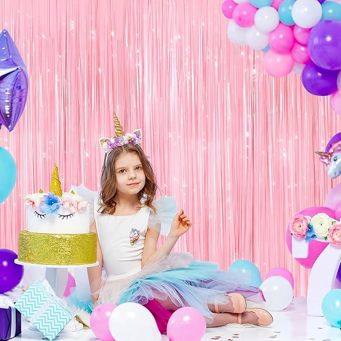 2 Pack Pastel Pink Metallic Tinsel Foil Fringe Curtains, Door Streamers Photo Booth Backdrop for Birthday Party, Tinsel Curtain Backdrop for Baby Shower Bachelorette Christmas Party Decorations