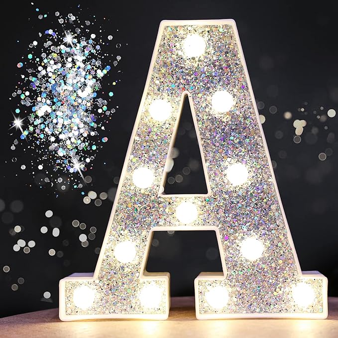 Pooqla Light Up Letters, LED Marquee Letters for Silver Birthday Decorations, Battery Powered Night Light Teenager Girl Room Decor, Gift for Girls Boys Wedding Bedroom Christmas Party Decor, Letter A