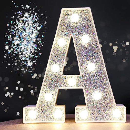 Pooqla Light Up Letters, LED Marquee Letters for Silver Birthday Decorations, Battery Powered Night Light Teenager Girl Room Decor, Gift for Girls Boys Wedding Bedroom Christmas Party Decor, Letter A