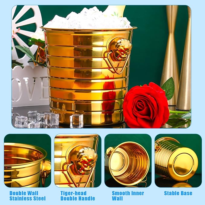 Pinkunn 6 Pack Stainless Steel Champagne Bucket 3 Qt Metal Ice Bucket Double Wall Wine Bucket with Handles Party Beverage Chiller for Champagne Beer Cocktail Wine Drinks Home Bar Accessories(Gold)