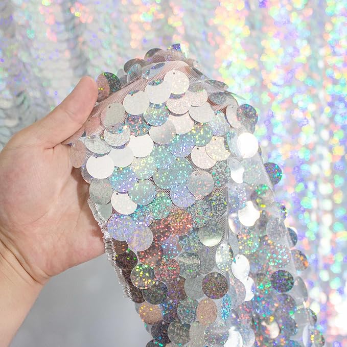 JYFLZQ Iridescent Silver Payette Sequin Backdrop Curtains 4ft x 8ft 2 Panels Shimmer Wall Backdrop Big Sequin Background Thick Glitter Photo Booth Backdrops for Birthday Christmas Wedding Parties