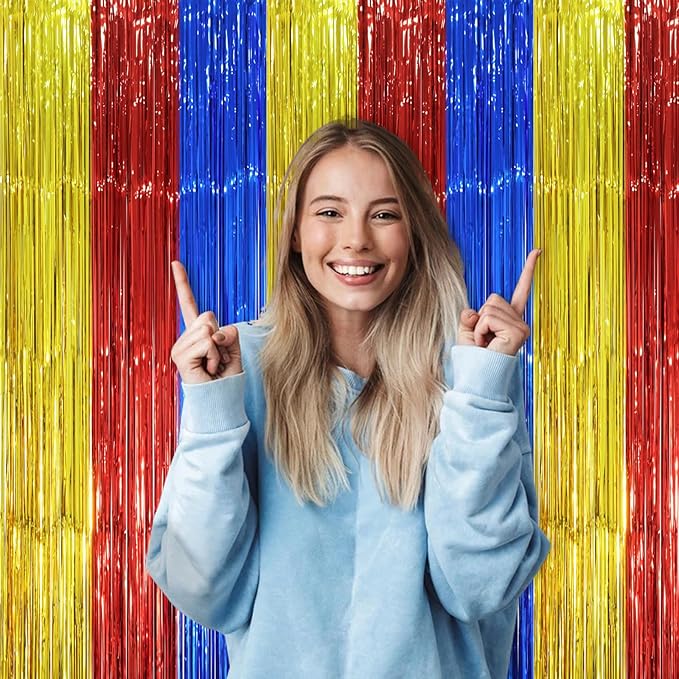 3 Pack 3.3 x 8.2 ft Blue Red Gold Foil Fringe Backdrop Curtains, Tinsel Streamers Party Decorations, Fringe Backdrop, Door Shimmer for Birthday Party