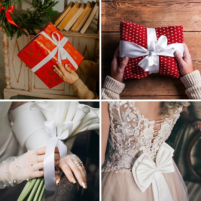 1-1/2 Inch White Satin Ribbon 50 Yards Solid Fabric Ribbons for Gift Wrapping, Crafts, Floral Arrangements, Wedding, Party, Holiday and Home Decor