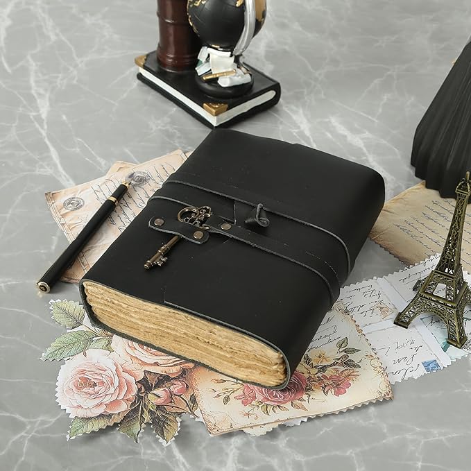 Leather Journal with Lined and Unlined Deckle Edge Paper 8x6 inch and Vintage Key | Handmade Writing Notebook Diary | Bound Daily Notepad for Men & Women Medium, Sketch/Writing pad for Artists