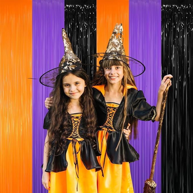GOER 3.2 ft x 8.2 ft Metallic Tinsel Foil Fringe Curtains for Halloween Birthday Graduation New Year's Party Decorations(1 Pack,Black&Orange&Purple)
