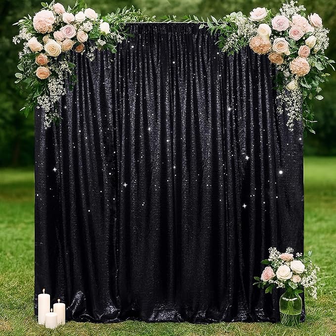 SquarePie Sequin Backdrop Curtain Less Transparent Sparkly Photo Booth Photography Background for Wedding Halloween Patry 10FT x 10FT Black