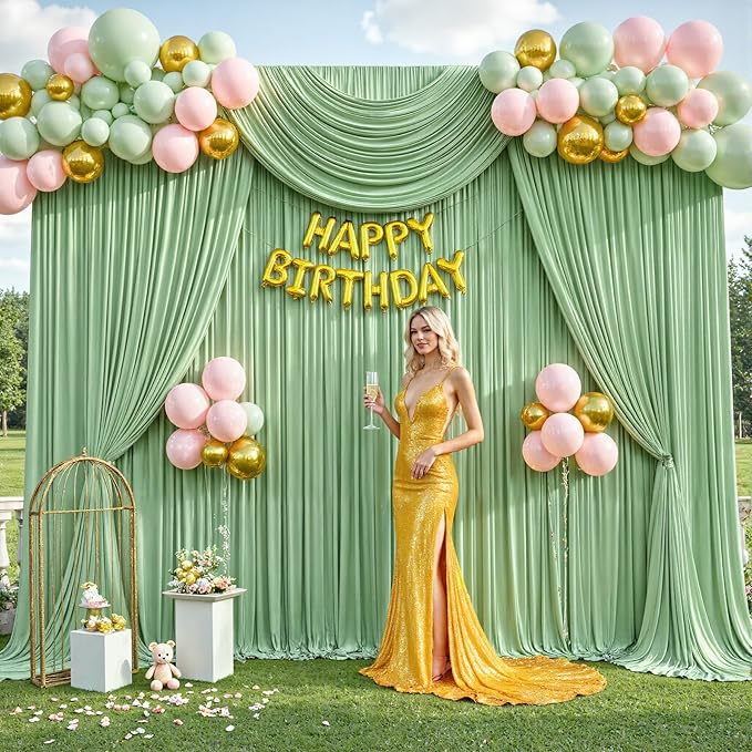 50ft x 12ft Sage Green Backdrop Curtains Wrinkle Free Backdrop Curtain for Wedding Parties Green Fabric Backdrops Drapes Back Drop Cloth Bridal Shower Stage Curtains Wedding Decorations for Reception