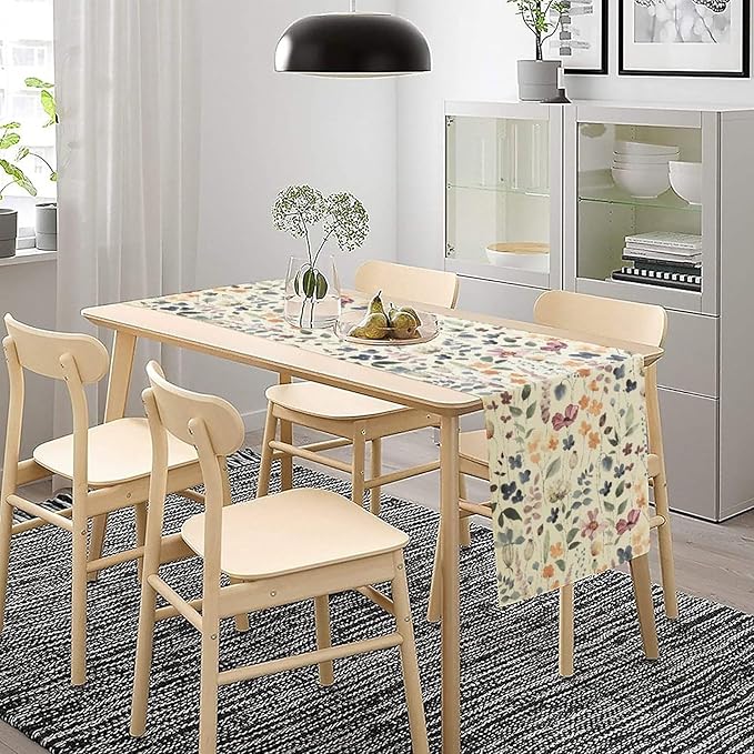 Watercolor Floral Table Runner, Vintage Colorful Floral Natural Style Pattern Decorative Home Restaurant Kitchen Rectangle Table Runner,13in（33cm） W * 72in（184cm） L
