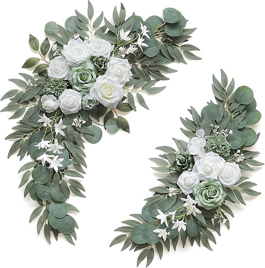 2-Pack Sage Green & White Wedding Flower Swag Set, Large: 35.43"L x 14.56"W, Small: 24.80"L x 12.99"W, Artificial Flowers for Wedding Arch, Ceremony, Table Centerpieces, Wall Hanging