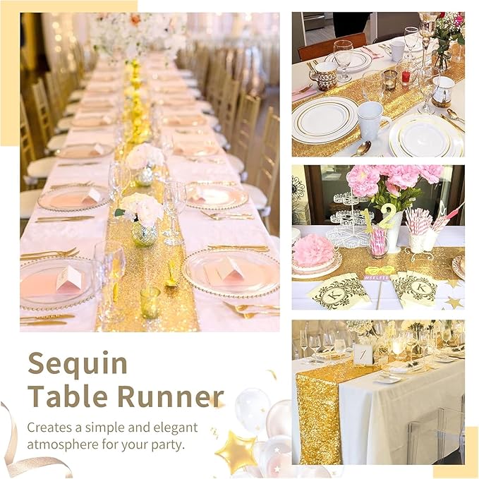 Sequin Table Runners 5 Pieces Gold Table Runners 12x72 Inch Glitter Dining Table Cover for Party Wedding Birthday Reception Banquet Decoration Spring Party Chair Sashes
