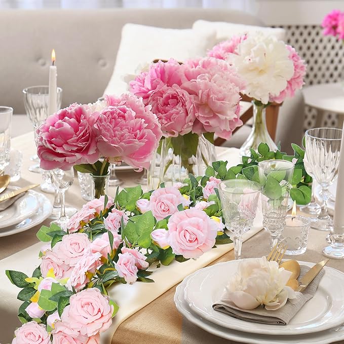 Sggvecsy 2Pcs 15.5Ft Artificial Rose Vine Fake Flower Garland Floral Garland Faux Silk Hanging Vine Rose Ivy Vines for Wedding Arch Party Wall Garden Ceremony Background Outdoor Decor (Pink)
