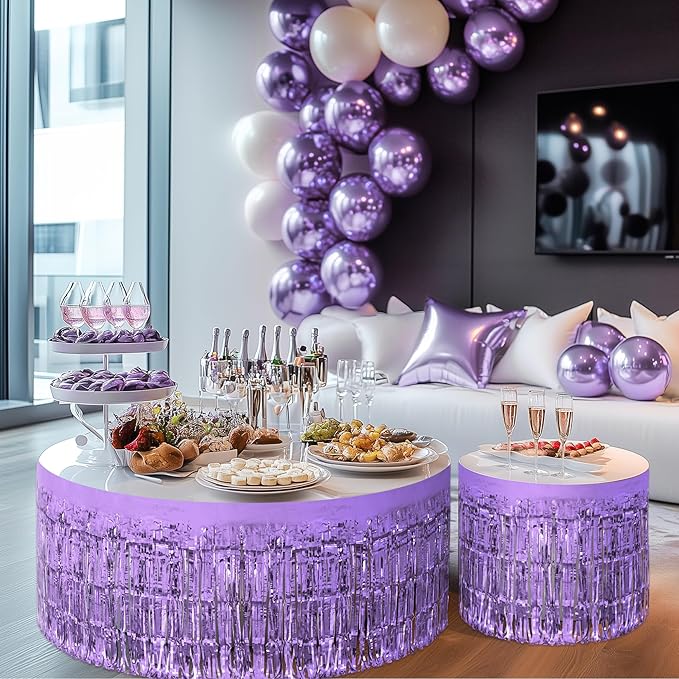 1 Pack Light Purple Table Skirts, 29x108" Metallic Foil Tinsel Fringe Table Skirts for Rectangle Tables Streamer Curtains Backdrop, Party Decorations for Birthdays Weddings Holidays