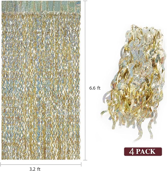 4 Pack Champagne Gold Fringe Curtain Backdrop - CYLMFC 3.3 ft x 6.6 ft Shimmer Wavy Foil Curtain for Birthday Party, Yellow Fringe Backdrop Streamers Party Decorations