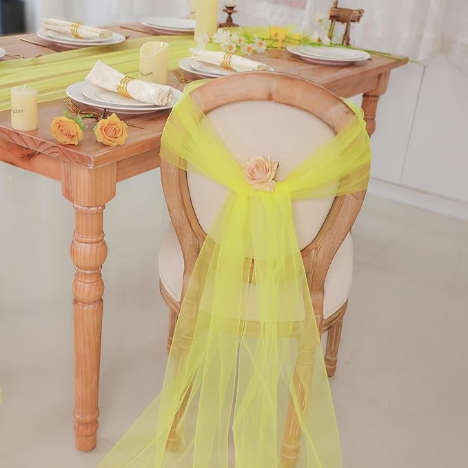 Snowkingdom Fall Yellow Table Runner, 10FT Light Yellow Tulle Gauze Sheer Cheesecloth Thanksgiving Dining Table Decorations, Boho Rustic Tulle Runners for Wedding Baby Shower Party Decor 120 Inch
