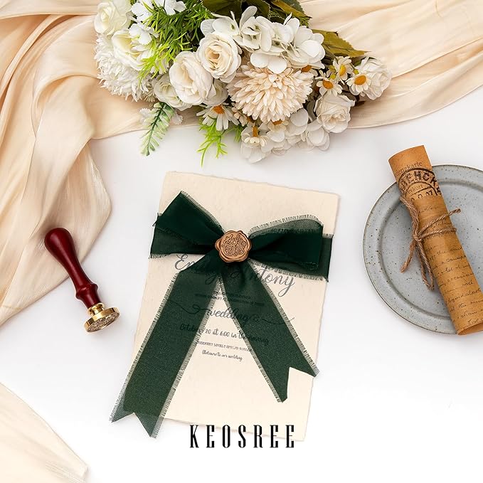 3 Rolls Dark Green Handmade Chiffon Ribbon,1.5" x 21Yd Frayed Fringe Silk Ribbons (3 Rolls *7Yd) for Gifts Wrapping, Wedding Invitations, Bridal Bouquets, Decorations