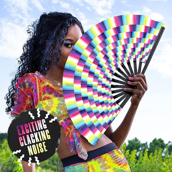 GloFX Folding Fan - Trippy - Large Rave Clack Folding Hand Fan for Men/Women - for EDM, Music Festival, Club, Event, Party, Dance, Performance, Decoration, Gift