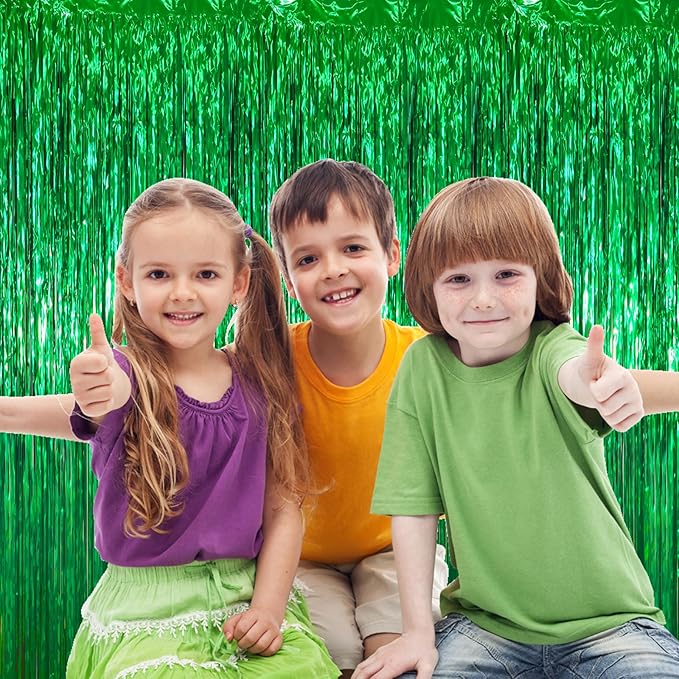 3 Pack 3.3 x 6.6 ft Green Foil Fringe Backdrop Curtains, Tinsel Streamers Party Decorations, Fringe Backdrop for Birthday, Dinosaur, St Patrick's Day, Soccer, Christmas
