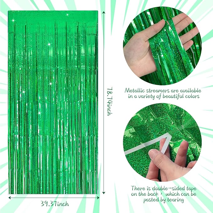 Tinsel Curtain Party Backdrop Green Birthday Decorations 10 Packs Glitter Foil Fringe Curtain Party Decor Streamers Photo Booth for Birthday Christmas Wedding Halloween Graduation Decorations