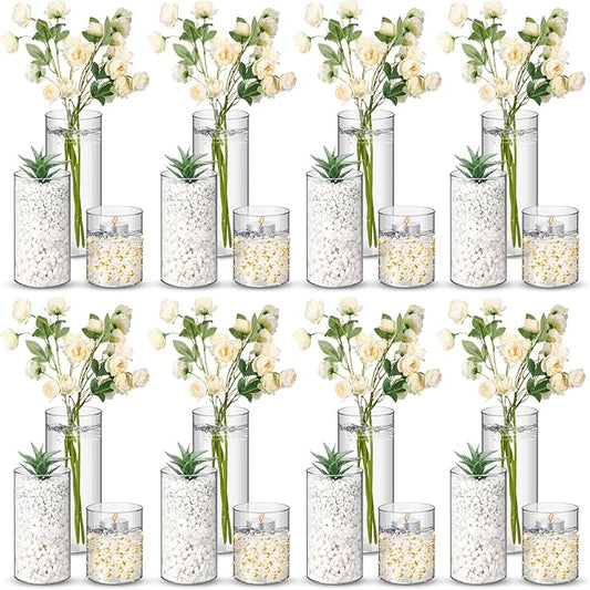 Nuogo 24 Pcs Plastic Cylinder Vases Tall Clear Flower Vases for Centerpieces Hurricane Candle Holder for Home Wedding Office Party Formal Dinners Decorations (4''/6''/8'')