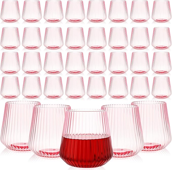 Suclain Plastic Wine Glasses Ribbed Stemless Wine Glasses 14oz Vertical Design Unbreakable Cups for Outdoor Indoor Vintage Elegant Champagne Whiskey Cups for Party Wedding(Pink,100 Pcs)