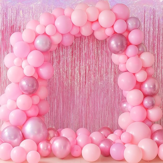 3 Pack 3.3 x 6.6 ft Pink Foil Fringe Backdrop Curtains, Tinsel Streamers Party Decorations, Fringe Backdrop for Birthday, Baby Shower, Gender Reveal, Graduation