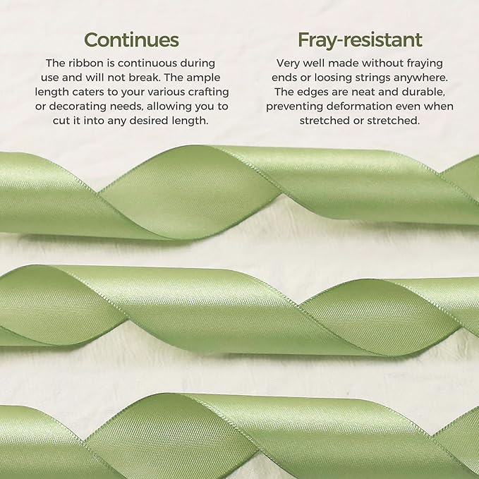 Sage Green Satin Ribbon 1 inch X Continuous 100 Yards, Single Face Polyester Ribbon Perfect for Gift Wrapping, Flower Bouquet, Wedding Decor, Crafts, Bow Making, Sewing and More