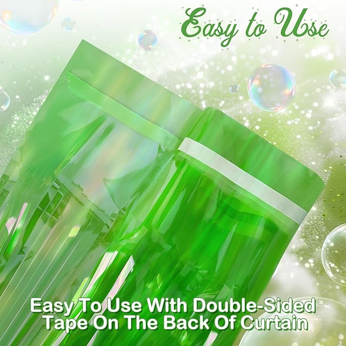 2 Pack Green Iridescent Streamers Backdrop, 3.3x6.6ft Foil Fringe Curtains Holographic Door Tinsel Streamers for Birthday, Wedding, Holiday, Bachelorette, Christmas Theme Party Decorations