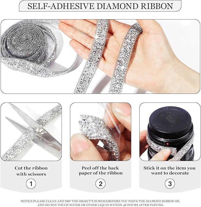 Rhinestone Ribbon 6 Yards Self Adhesive Rhinestone Strips Diamond Ribbon Sticker Crystal Roll Glitter Bling Rhinestones Tape for Crafting DIY Art Decoration (Silver,0.4 Inch)