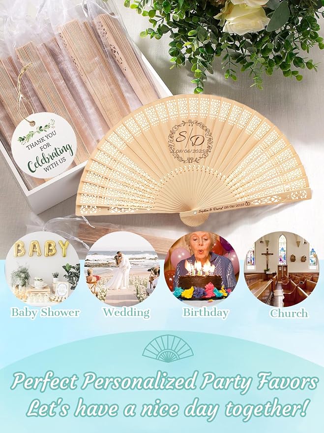 100Pcs Personalized Folding Hand Fans Custom Engraved Summer Wedding Fan,Personalized Wooden Fans Party Favor Bridal Shower Gifts for Guests
