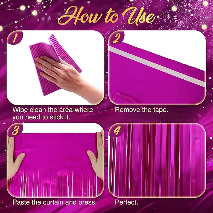 2 Pack Metallic Fuchsia Fringe Backdrop, 3.2x8.2ft Shining Foil Tinsel Curtains, Birthday Party Decorations Door Streamers for Halloween, Christmas, Wedding, Graduation, Holiday, Theme Events