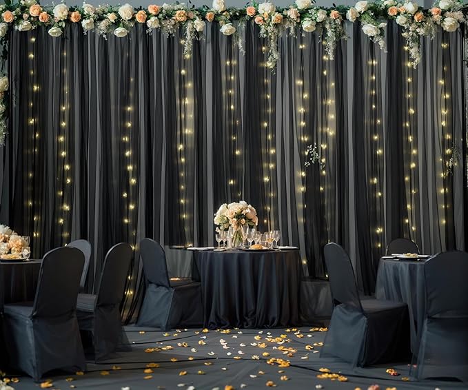 Black Tulle Backdrop Curtain with Lights String for Parites 20ft×10ft Black Sheer Backdrop Curtains for Baby Shower Wedding Bridal Shower Birthday Party Photo Shoot Decorations(4 Panels 5×10ft)