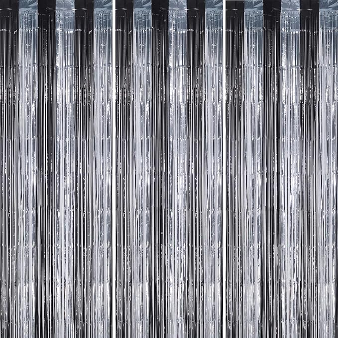 3 Pack Foil Fringe Backdrop - Black&Silver Shiny Tinsel Curtains for Party Decoration/Photo Booth Props - 3.3x8.2 FT Metallic Foil Backdrop for Birthday, Wedding, Graduation, Christmas.