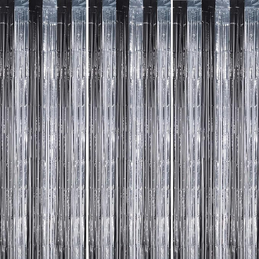 3 Pack Foil Fringe Backdrop - Black&Silver Shiny Tinsel Curtains for Party Decoration/Photo Booth Props - 3.3x8.2 FT Metallic Foil Backdrop for Birthday, Wedding, Graduation, Christmas.