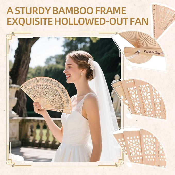 150pcs Personalized Wedding Fans for Guests - Custom Wooden Hand Fans with Names/Dates - Bulk Wedding Favors for Bridal Shower, Baby Shower & Parties (Wood, 150pcs)