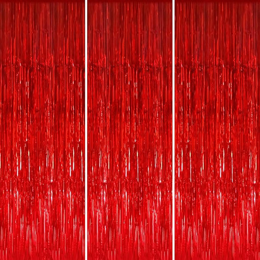 GOER 3.2 ft x 8.2 ft Metallic Tinsel Foil Fringe Curtains Party Photo Backdrop Party Streamers for Birthday,Graduation,New Year Eve Decorations Wedding Decor (3 Pcs, Red)