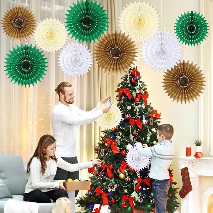 BestoFun 12PCS Paper Fans Neutral Green White Christmas Decorations Winter Party Decorations Tissue Paper Flowers Decorations for Winter Holiday Party Xmas Home Room Wall Hanging Décor