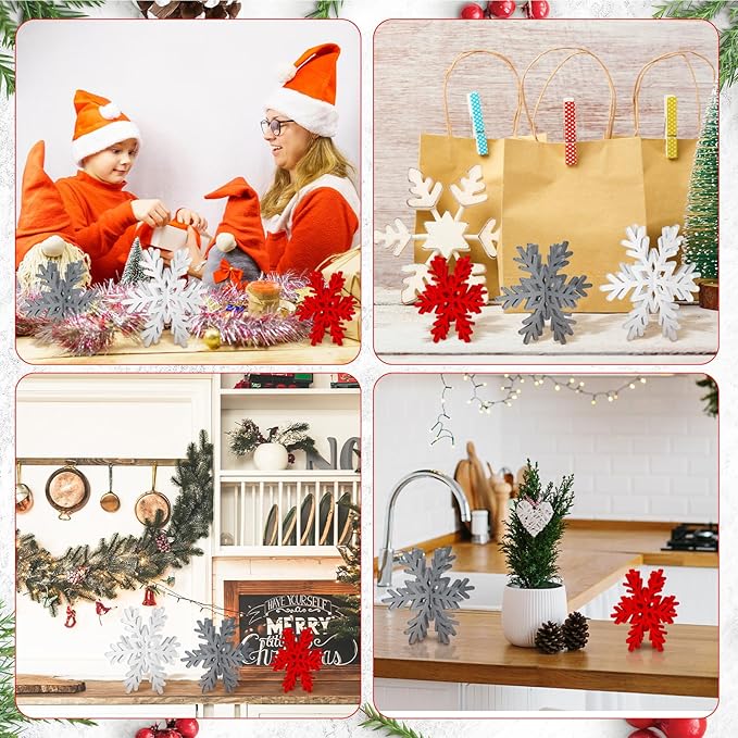 Qunclay 20 Pcs Wooden Snowflake Decorations 3D Snowflake Tabletop Decor Christmas Signs and Centerpiece for Winter Wonderland Decorations Xmas Tiered Tray Decor(Red, Gray, White)