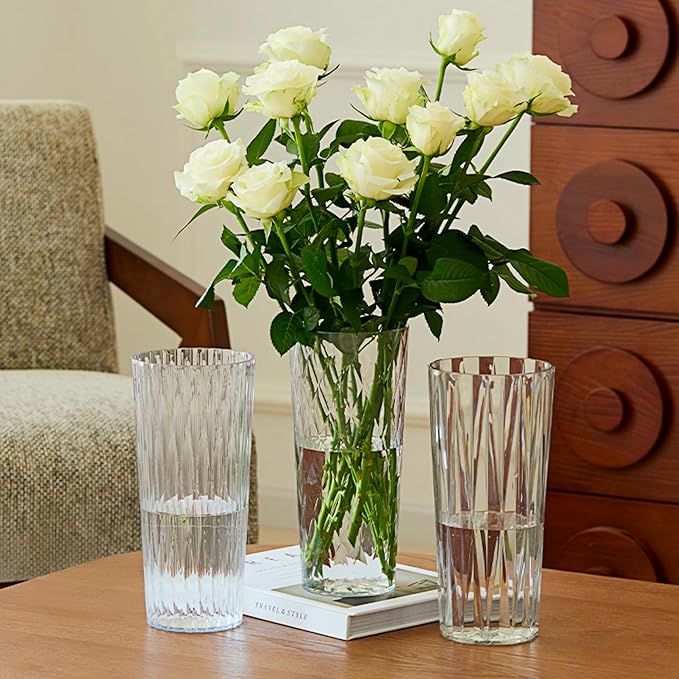 2 Clear Crystal Plastic Flower Vase, 10.2" Acrylic Rose Bouquet Vases for Home Decor Centerpieces Wedding Birthday Mothers (D4.6 2 + 2 Holder)