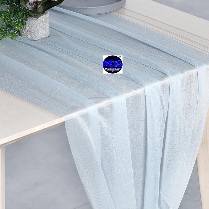 MDS 25 Pack 10ft Chiffon Table Runner 29 x 120 Inches Sheer Wedding Runner Romantic Rustic Table Runner for Wedding Decorations, Birthday Parties, Bridal Shower Party Arch Decor - Baby Blue