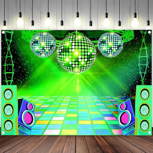 Dance Party Backdrop Retro 80s 90s Theme Stage Dance Ball Music Birthday Party Decoration DJ Photography Background 5 x 3 ft for Baby Shower Picture Photo Shoot Polyester Fabric, Green