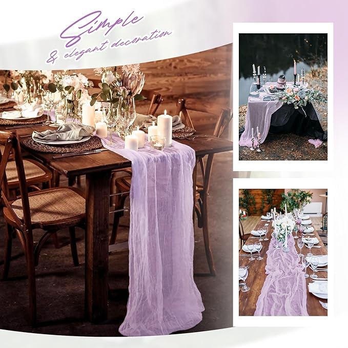 Aktor 4 Pack Lavender Table Runner Boho Cheesecloth Table Runner Semi Sheer Gauze Fabric Runners for Wedding Birthday Baby Shower Party Boho Table Decoration（Lavender）