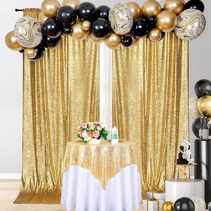 PartyDelight Sequin Backdrop Curtains 2 Panels Sparkly Gold 5Ft x 10Ft Photograph Wedding Curtain Special Events