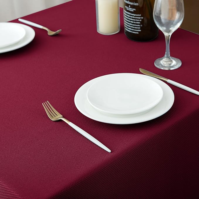 Biscaynebay Textured Fabric Christmas Rectangle Table Cloth 90x156 Inch, Burgundy Water Resistant Tablecloths for Dining, Kitchen, Wedding, Parties etc. Machine Washable
